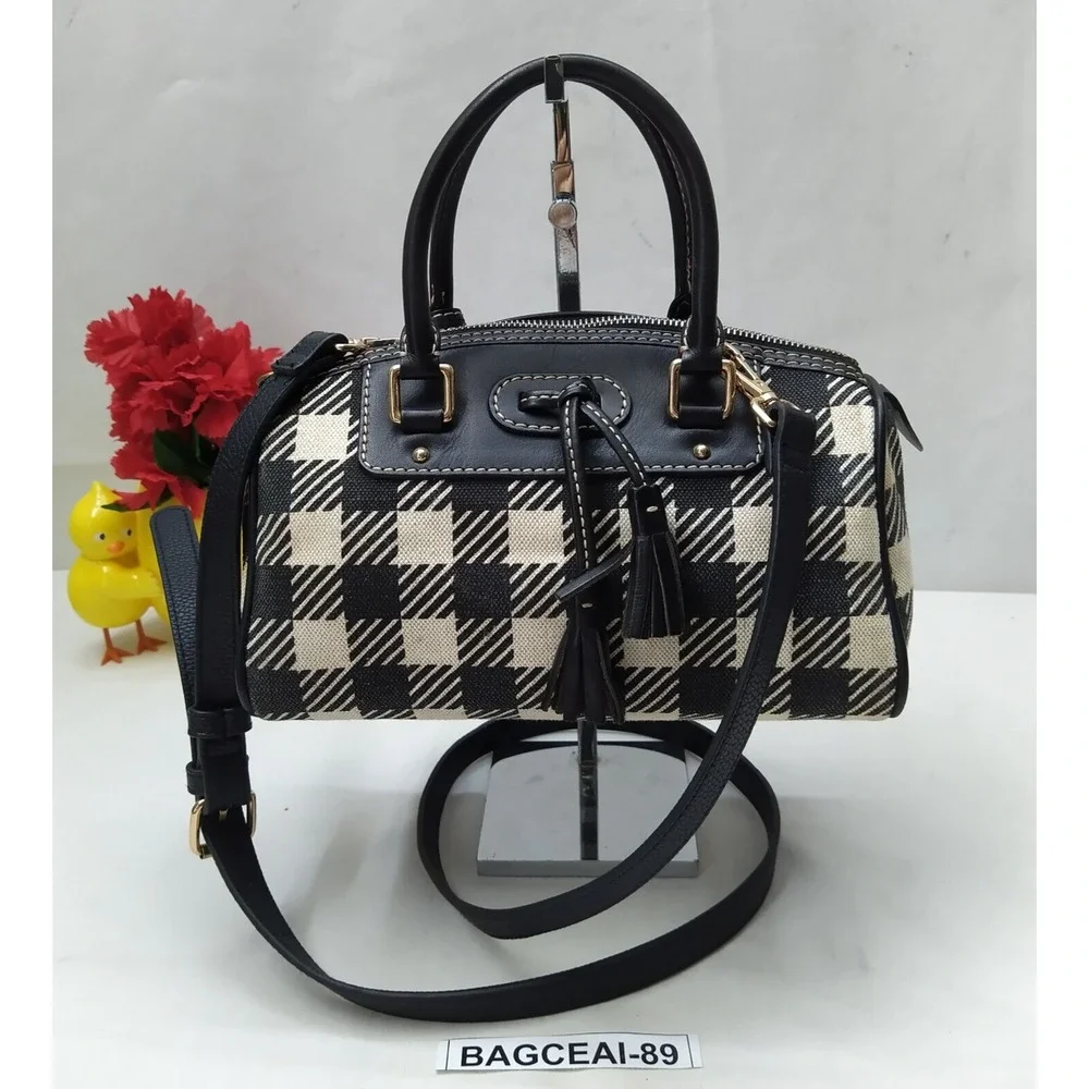 Dooney & Bourke Black White Checker Canvas Leather Trim Top Handle Satchel Bag